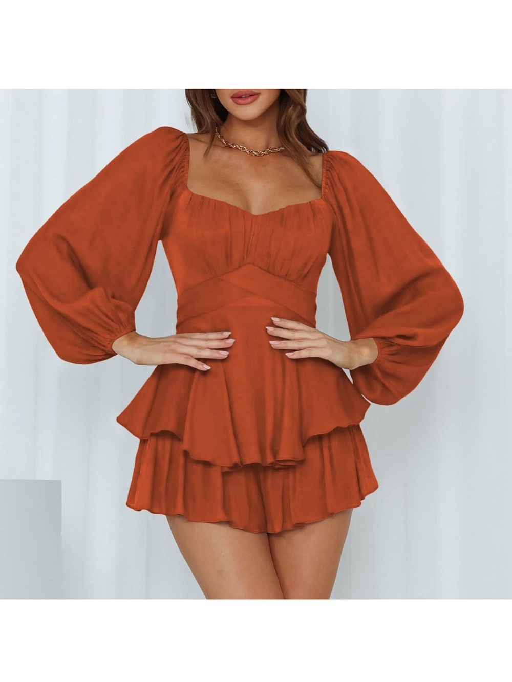 Square Neck Tiered Mini Romper Dress in Rust Orange - Picture 2 of 3